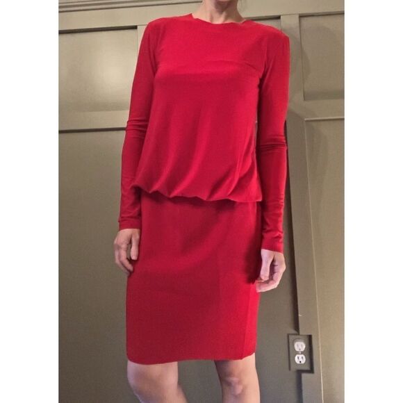 Norma Kamali Slinky Jersey Long Sleeve Dress Shirred Waist Red Size Small - Picture 1 of 11